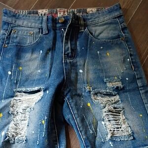 SHEIN Blue Distressed Denim Shorts with Paint Splatter